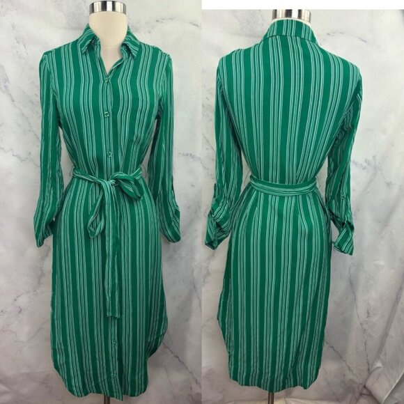 Anthropologie Belted Shirt Dress 0 Green Striped Long Sleeve Midi Lightweight - Picture 4 of 8